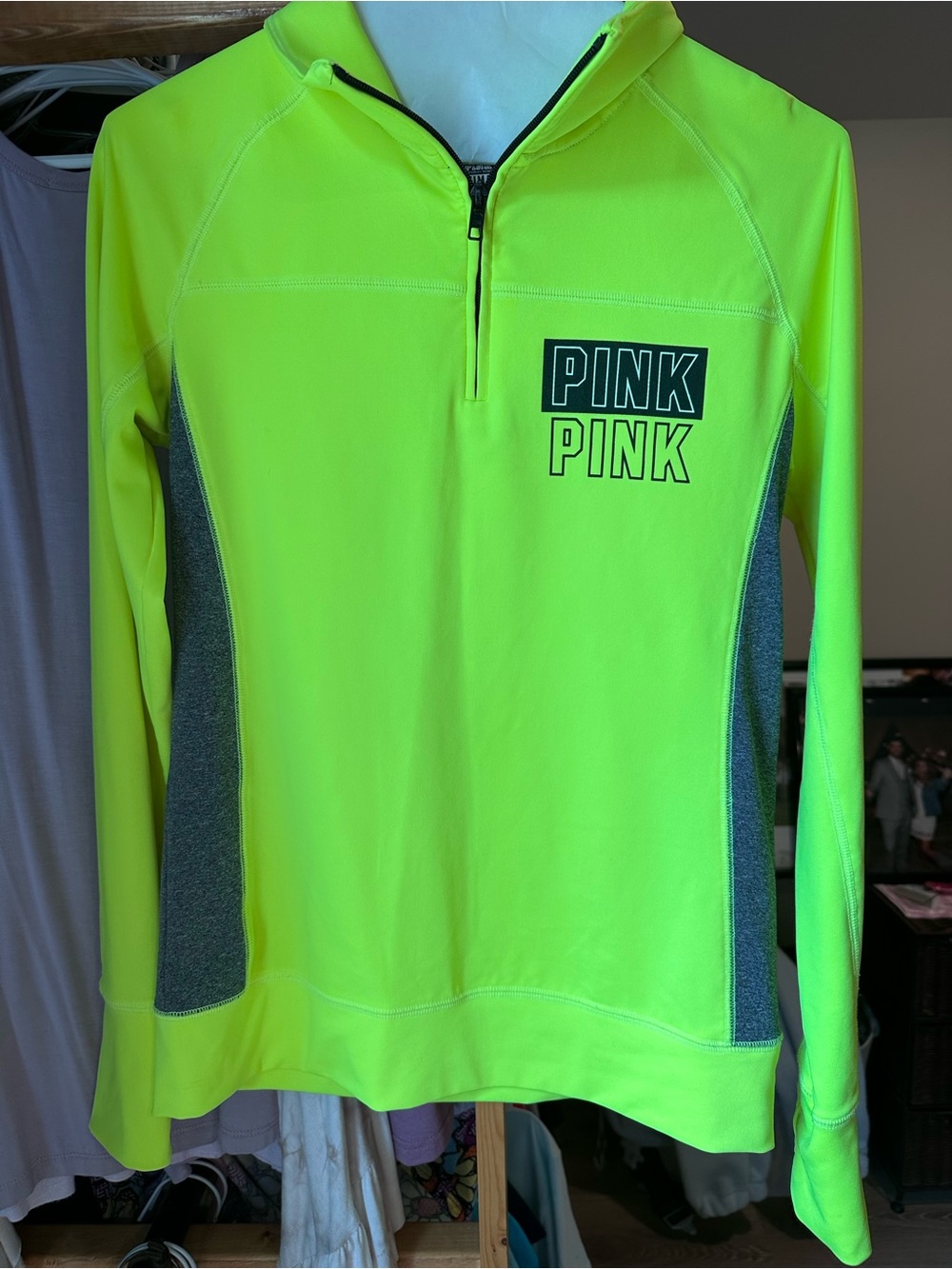 PINK Victoria's Secret Neon Yellow & Black Active 1/4 Zip